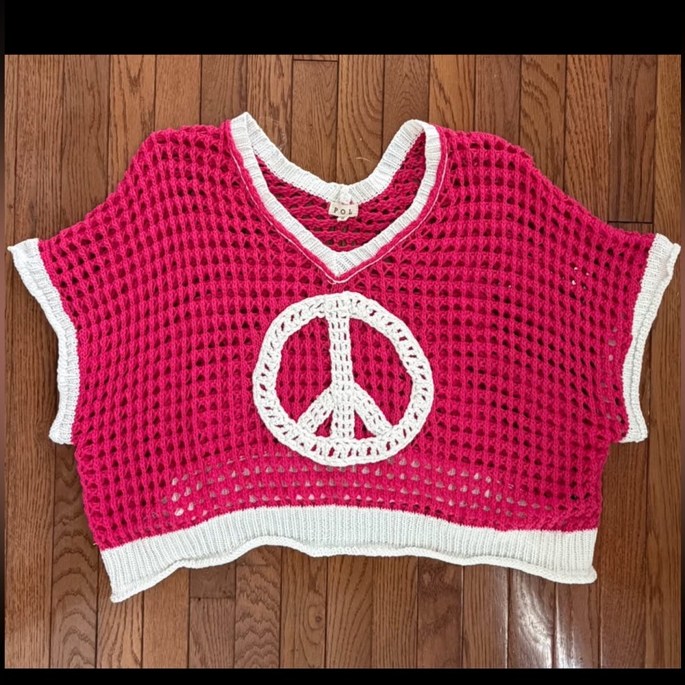 POL Hot Pink Crochet Peace Sign Crop Top with White Trim